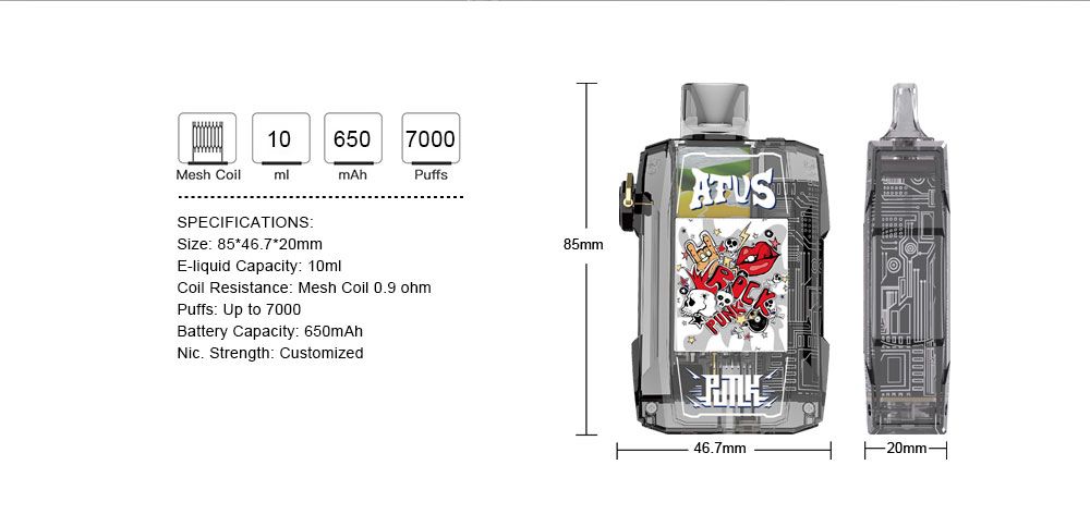 DE012 7000 Puffs Disposable Vapes with rechargeable and adjustable airflow ATVS Vape